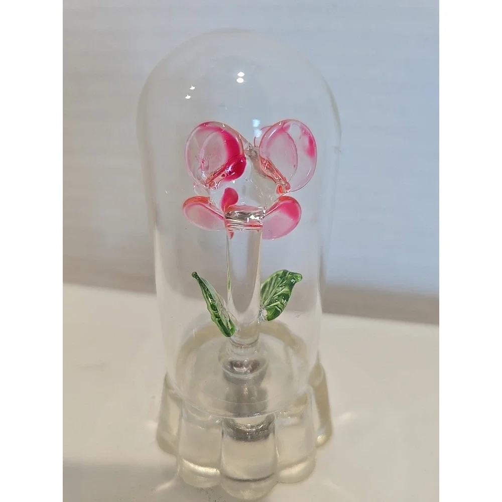 Small Mini Glass Pink Glass Flower encased in a Glass Case 3.5 inch